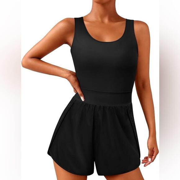 Athletic Tank Tops Built in Bra Jumpsuits Onesie Gym Shorts Rompers Zip Pockets - Picture 1 of 6